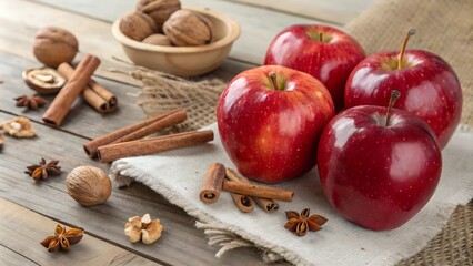 Fresh Red Apples with Cinnamon and Nuts on Rustic Wooden Surface