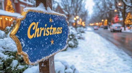 A beautifully decorated snowy street with Christmas lights and decorations signaling the festive season, captured with a close-up of a sign reading 'Christmas'