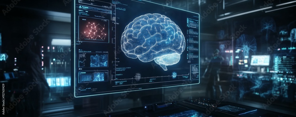 Poster aipowered brain scan interface, holographic medical icons and neural networks, representing advanced