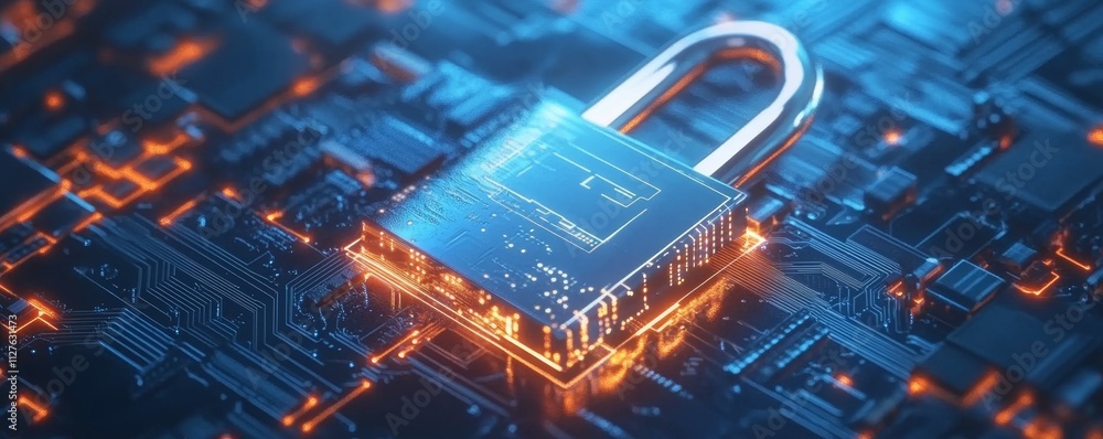 Poster aienhanced padlock icon with circuit board background, representing smart security systems