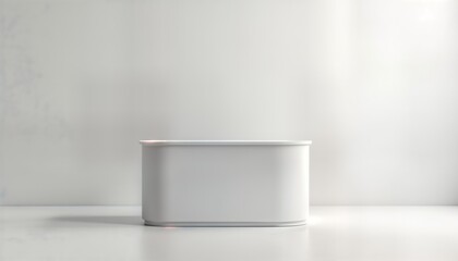 Empty white exhibition counter isolated on white background. Modern promo booth design template for trade shows, events. Blank space for branding, marketing materials. Suitable for various