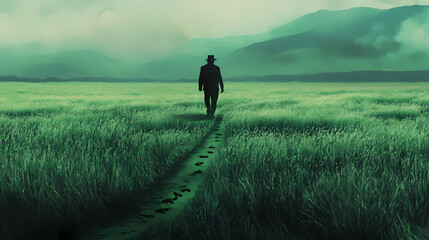 A man in a hat walks away into a field of grass with a trail of footprints in the ground. Serenity. Illustration