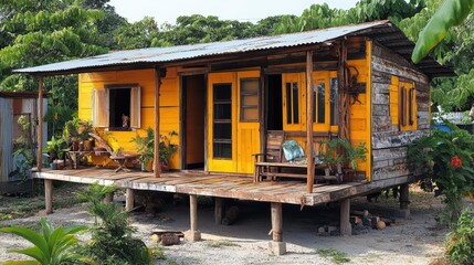 Fototapeta premium A charming and rustic wooden home with vibrant yellow accents stands surrounded by lush greenery, showcasing a harmonious blend of nature and architecture