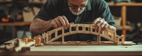Artisan constructing a sturdy yet elegant wooden bridge model with precise joints, scale modeling, engineering meets art