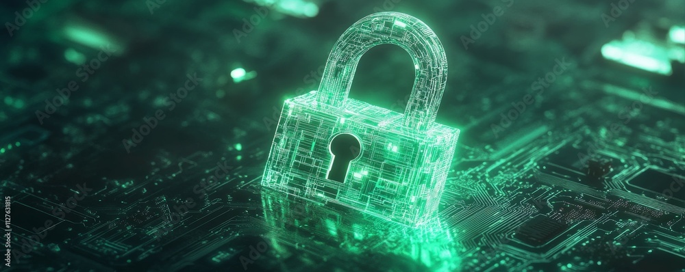 Poster aienhanced padlock icon with circuit board background, representing smart security systems
