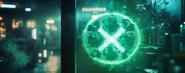 Obraz premium Animated toxic symbol hologram with glitching green light, biohazard alert, lab scene
