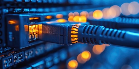 Illuminated network cables and connected ports signify the bustling activity and integral role of digital communication in modern technology infrastructure