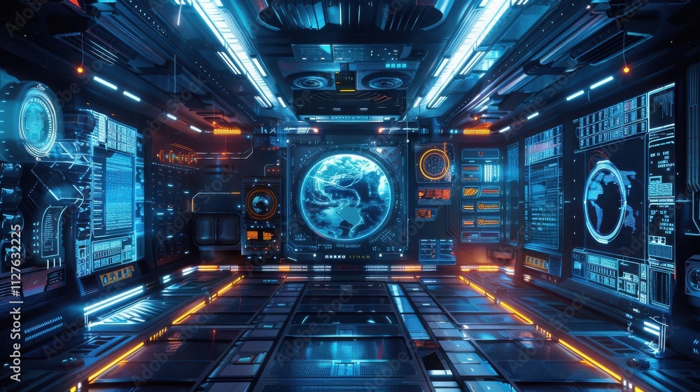 Poster futuristic spaceship control room with global display