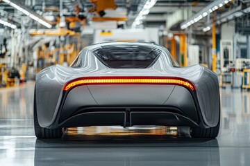 Fototapeta premium Futuristic silver car captured from rear in a contemporary automotive production line setting