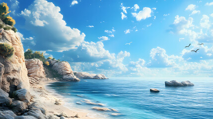Beautiful scenery with sandy coastline, pure sea water and high blue sky. illustration. Serenity. Illustration