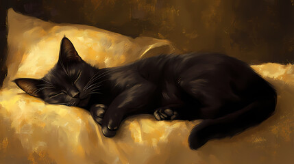 Black cat slumber: a captivating image of a black cat in a peaceful slumber, capturing the tranquility and serenity of a pet's rest. Serenity. Illustration