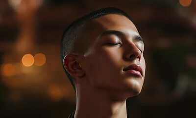 Young monk practices meditation in a tranquil temple setting amidst golden light and serene ambiance