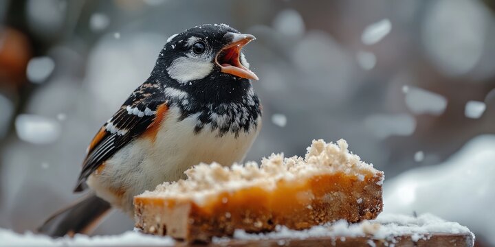 A small bird energetically chirping while perched on a snow-covered table with a piece of bread, amidst a backdrop of gently falling snowflakes