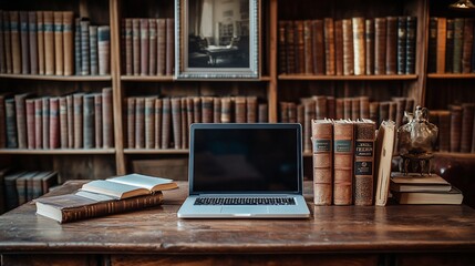 Laptop on antique desk in library.