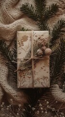 Gift wrapped in natural materials surrounded by greenery on a cozy knitted fabric during winter
