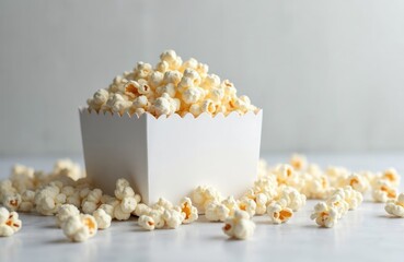 White paper box mockup filled with popcorn sits on light background. Popcorn spills around box. Movie snacks concept. Casual entertainment ideas. Simple and clean design. Ideal for showcasing popcorn.
