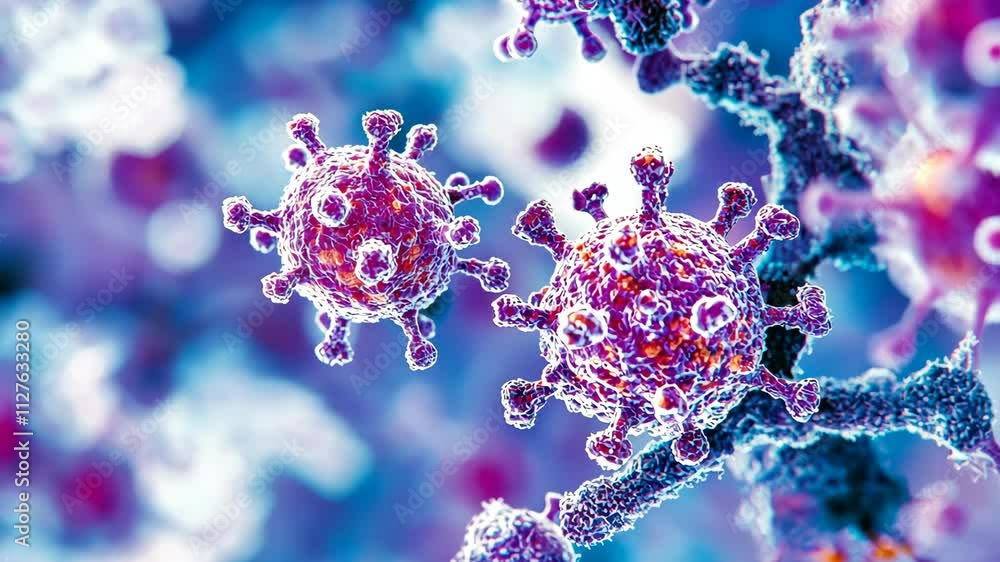Poster close-up view of virus particles highlighting their structure and characteristics under a microscope