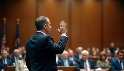 Man in suit raising hand in courtroom. Witness taking oath during legal proceedings. Formal legal setting. People in audience. Serious atmosphere. Legal system in action.