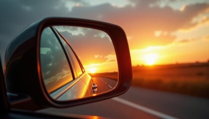 Sunset reflected in car side mirror. Road stretches ahead. Golden hour. Travel concept. Driving freedom. Scenic drive. Road trip. Summertime. Vacation. Travel adventure. Landscape view. Highway.