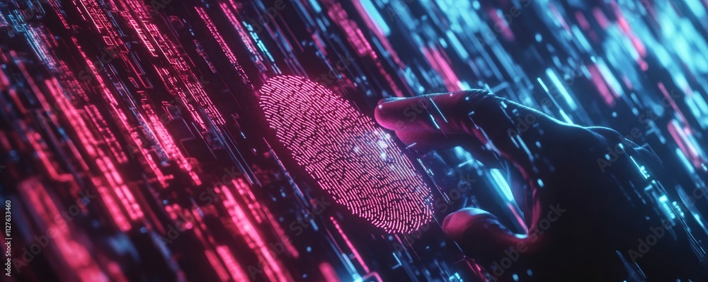 Poster biometric data protection, glowing fingerprint scanning over glitchy code, symbolizing security risk
