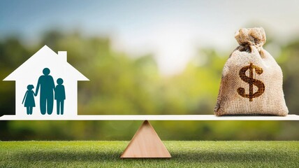 Cost of living, home loan, family finance and child trust fund concept : US dollar bags, family members live inside a house on basic balance scale, depicts the expenditure a family should prepare for