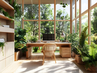 Fototapeta premium sustainability: A nature-inspired workspace with plants, natural wooden furniture