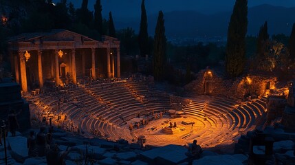 Ancient Greek Amphitheater Hosting A Grand Performance.