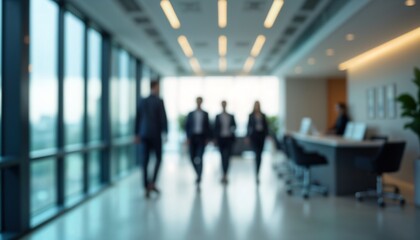 Business people walk in modern office hallway. Blurred background shows team of professionals in stylish office. Modern office environment. Focus on productivity, collaboration. Business meeting