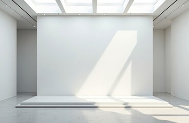 Modern empty gallery features blank white wall mockup. Sunny day with shadows. Wide exposition template for contemporary art exhibitions. Large hall interior with big stand mock up. Ideal for art.