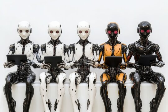 Five humanoid robots seated in a row, each holding a tablet against a minimalistic white background - Powered by Adobe