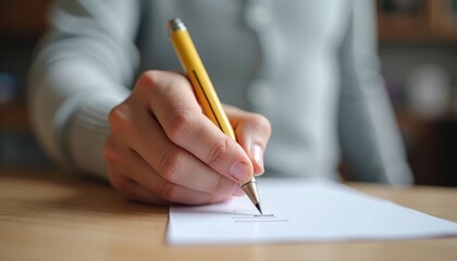 Close-up view of hand marking ballot paper. Person focusing on voting process. Voting important for democratic society. Hand holds yellow pencil. Ballot paper on wooden table. Person serious.