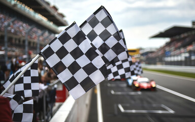 Checkered flags wave as race cars prepare for the start at a lively motorsport event in the afternoon
