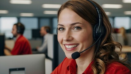 A young brunette woman in a red outfit, wearing a headset, assists customers with a warm smile in a vibrant call center office environment.