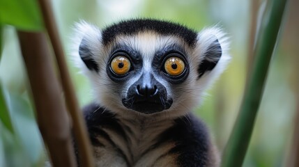 Obraz premium A captivating close-up of a vibrant-eyed lemur with striking black and white fur amidst a lush green jungle setting captures nature's vivid elegance