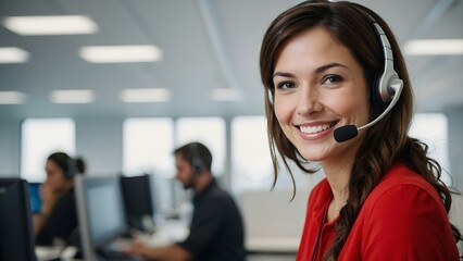 A brunette professional, dressed in red and wearing a headset, provides excellent service in a busy red call center office setting.