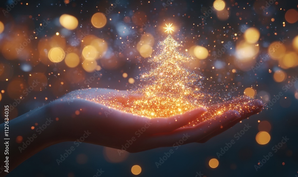 Aufkleber a magical christmas tree made of sparkling light particles, held in the palm of an outstretched hand
