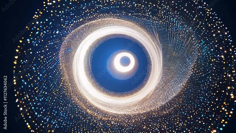 Poster camera frames a single glowing, rotating spiral made of tiny light particles