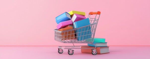 Books and study materials in virtual cart, educational shopping online, illustration