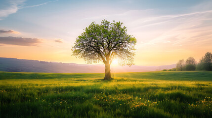 Obraz premium Tree in middle of a meadow