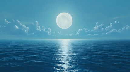 A full moon hangs low over a calm, blue ocean, its reflection shimmering on the water's surface, creating a captivating scene of serenity and celestial beauty. Serenity. Illustration