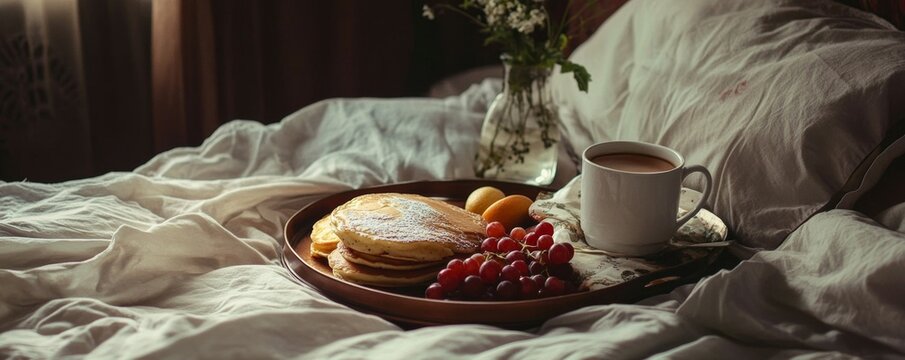 Breakfast in bed setup with pancakes, fresh fruit, and coffee on a tray, luxurious weekend morning vibe