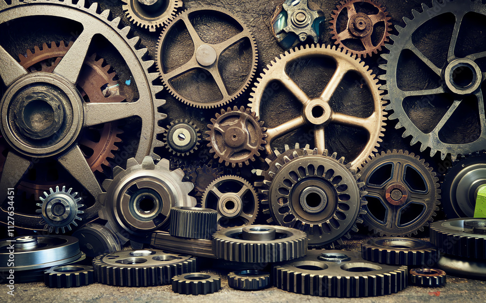 Poster collection of metallic gears showcasing intricate designs and mechanics in a workshop setting