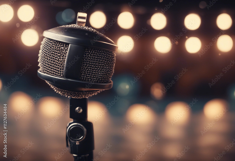 Poster retro microphone on stage with bokeh light
