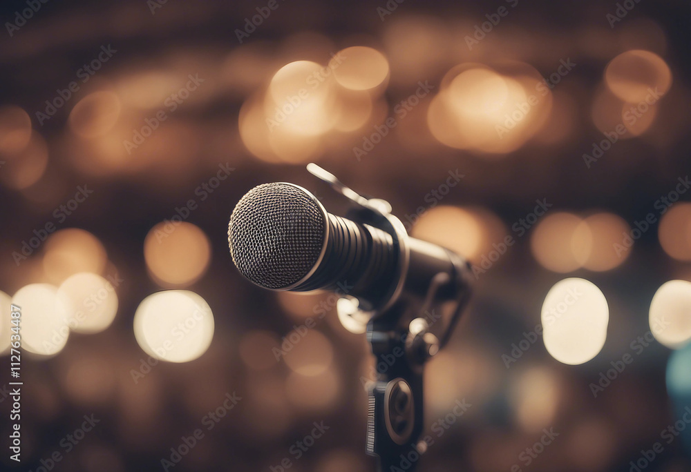 Poster retro microphone on stage with bokeh light