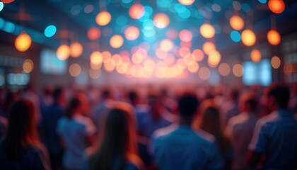 Large crowd enjoys vibrant event. People socialize in urban setting. Party atmosphere with dazzling lights. Casual attire. Celebratory mood. Social gathering. Urban vibe. Colorful lights create