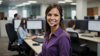 A young brunette woman in a violet outfit, wearing a headset, assists customers with a warm smile in a vibrant purple office environment.
