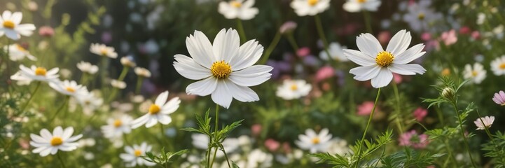 Obraz premium Stunning white cosmos flower set against a soft focus background of colorful foliage, foliage, blooming, background