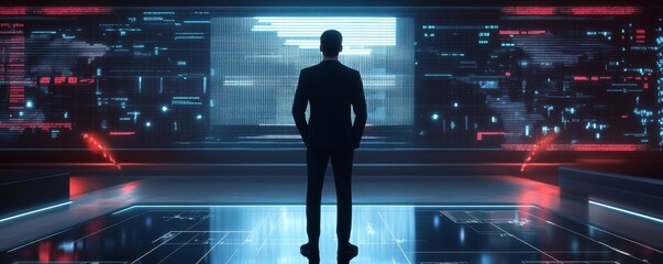 Businessman comparing Cost and Risk on a hightech screen, credit rating in the background, futuristic appeal