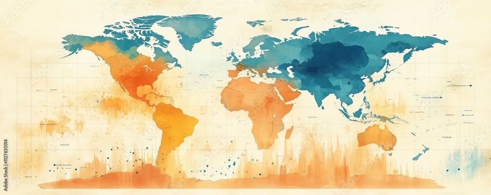 Poster chart showing declining credit rating over world map, global risk perception and capital cost concep