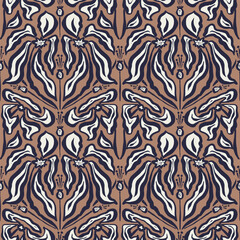 Inky brush strokes brown flowers seamless pattern damask style. Abstract modern floral background. Textured botanical minimalist wallpaper